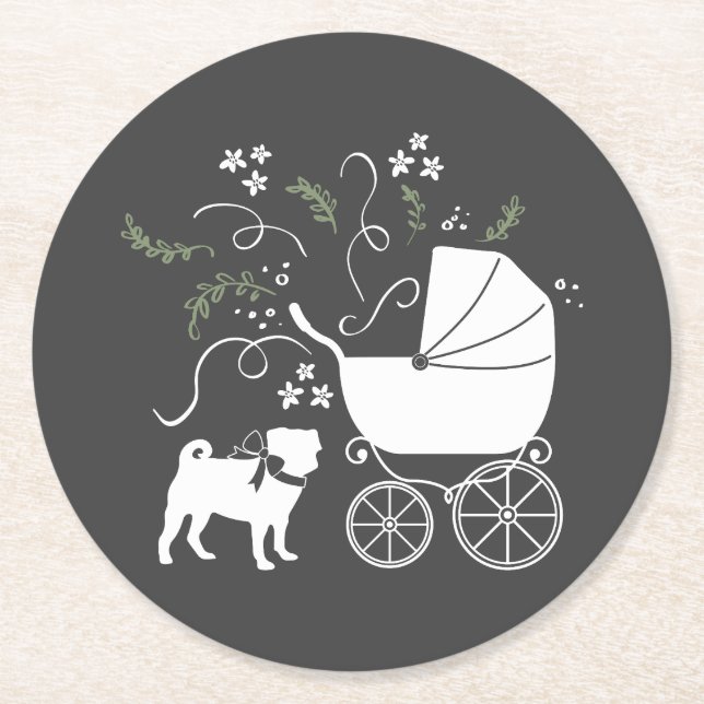 Pug Dog Baby Shower Theme Puppy Gender Neutral Round Paper Coaster (Front)