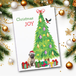 Pug Dog, Bird and Christmas Tree Holiday Card