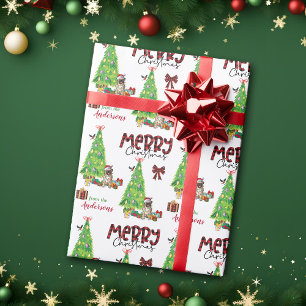 Pug Dog, Bird, and Christmas Tree Wrapping Paper