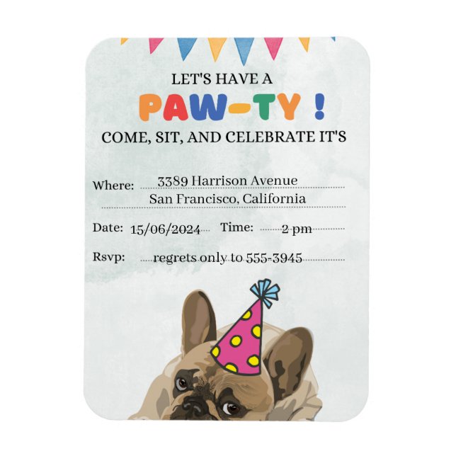 Pug Dog Birthday Party Puppy Paw-ty Birthday Magnet (Vertical)