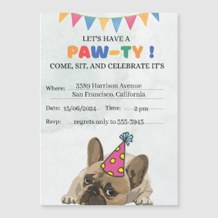 Pug Dog Birthday Party Puppy Paw-ty Birthday Magnetic Invitation