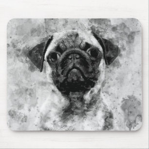 Pug Dog Black and White Watercolor 01 Mouse Mat