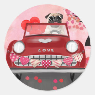 Pug Dog Car with Hearts Valentine's   Classic Round Sticker