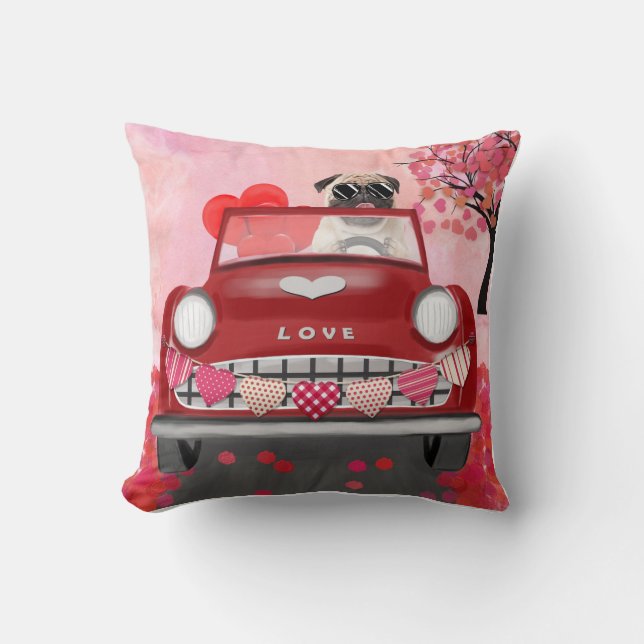 Pug Dog Car with Hearts Valentine's  Cushion (Front)