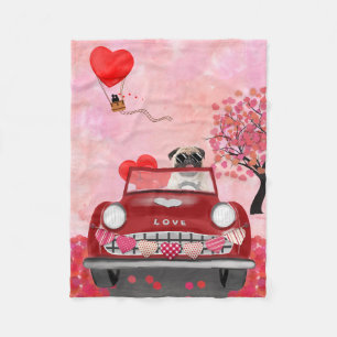 Pug Dog Car with Hearts Valentine's Fleece Blanket