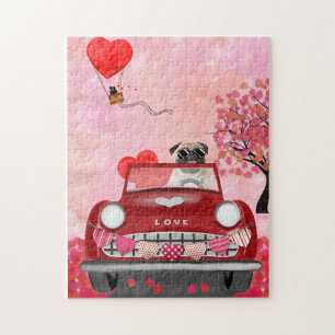 Pug Dog Car with Hearts Valentine's   Jigsaw Puzzle