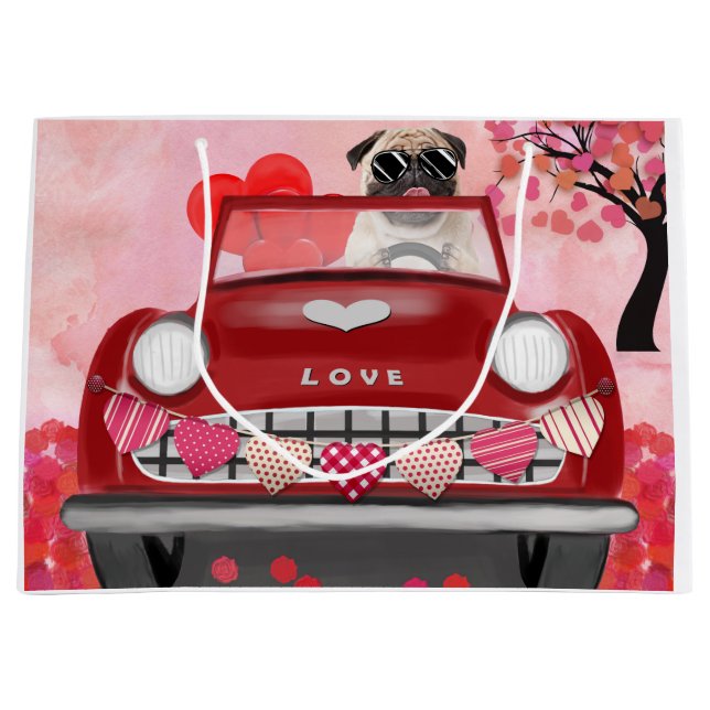 Pug Dog Car with Hearts Valentine's   Large Gift Bag (Front)