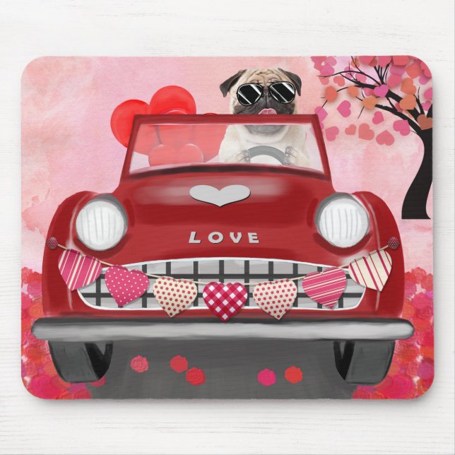 Pug Dog Car with Hearts Valentine's   Mouse Mat (Front)