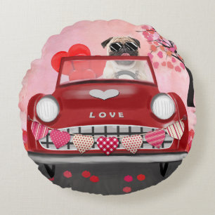 Pug Dog Car with Hearts Valentine's Round Cushion