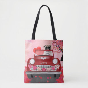 Pug Dog Car with Hearts Valentine's   Tote Bag