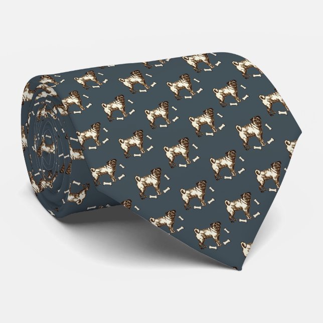 Pug Dog Charcoal Grey Tie (Rolled)