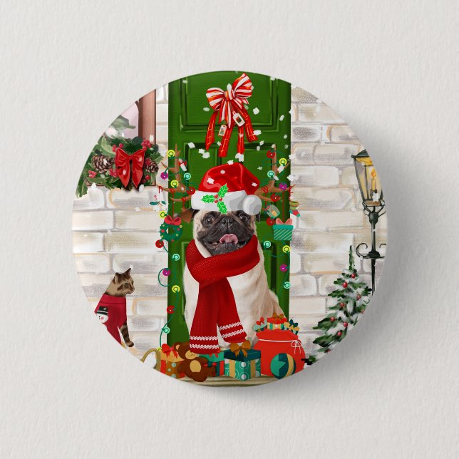 Pug Dog Christmas  6 Cm Round Badge (Front)