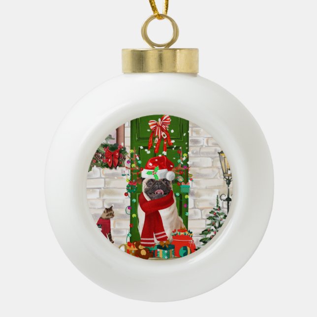 Pug Dog Christmas  Ceramic Ball Christmas Ornament (Front)