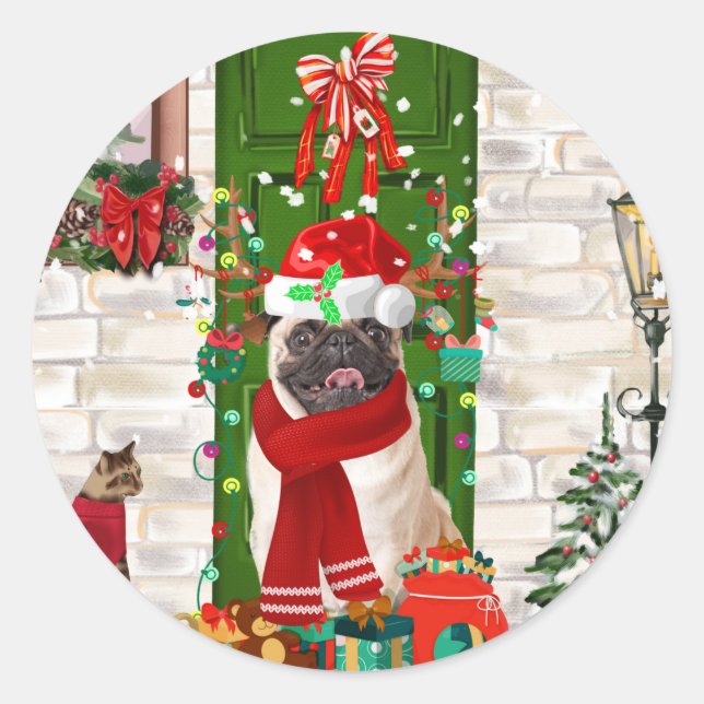 Pug Dog Christmas  Classic Round Sticker (Front)
