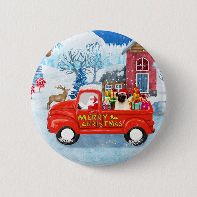 Pug Dog Christmas Delivery Truck Snow 6 Cm Round Badge (Front)