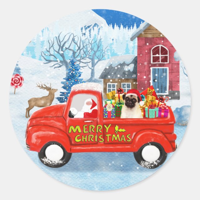 Pug Dog Christmas Delivery Truck Snow  Classic Round Sticker (Front)