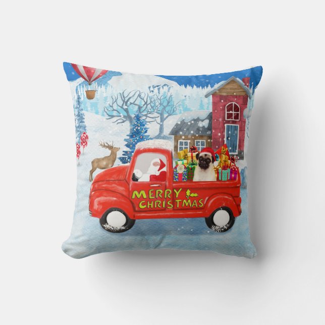 Pug Dog Christmas Delivery Truck Snow Cushion (Front)