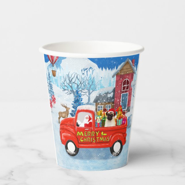Pug Dog Christmas Delivery Truck Snow  Paper Cups (Front)