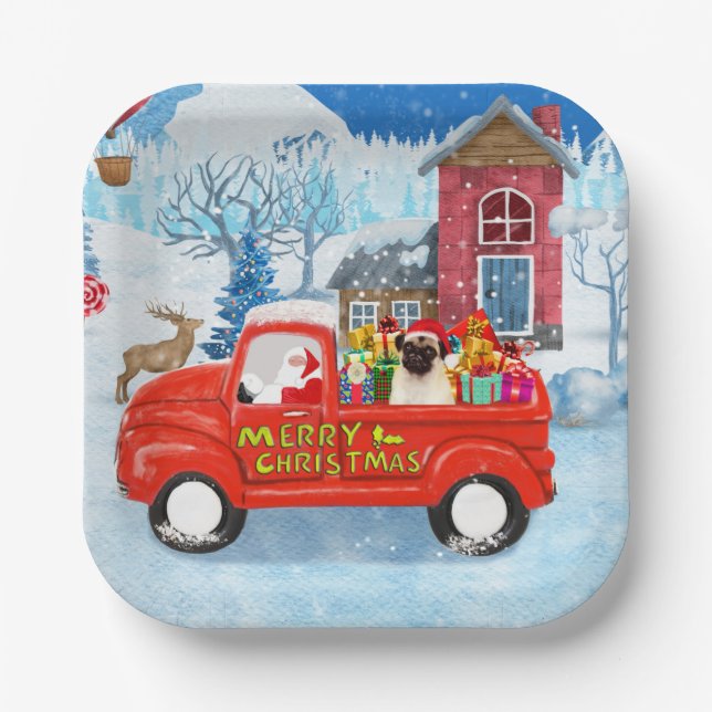 Pug Dog Christmas Delivery Truck Snow  Paper Plate (Front)