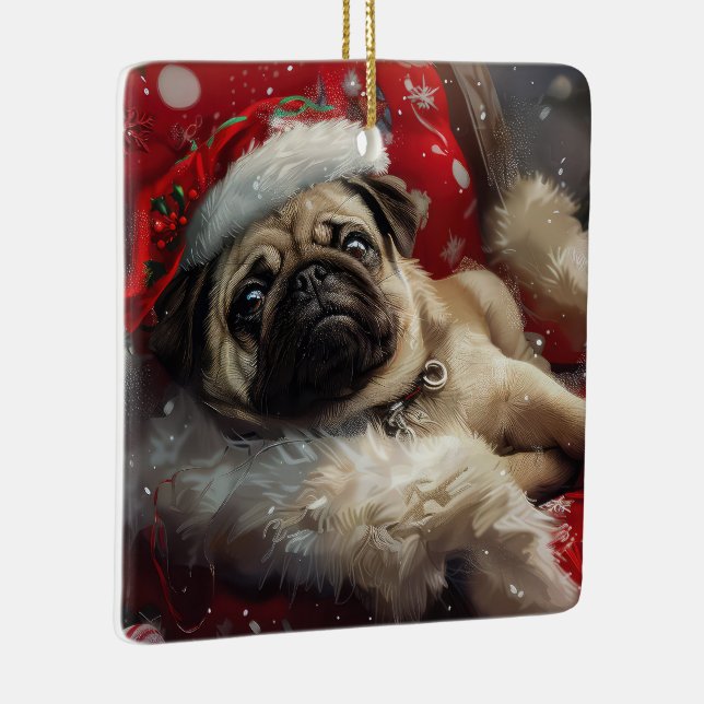 Pug Dog Christmas Festive Ceramic Ornament (Right)