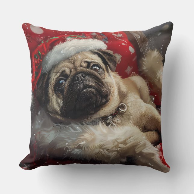 Pug Dog Christmas Festive Cushion (Front)
