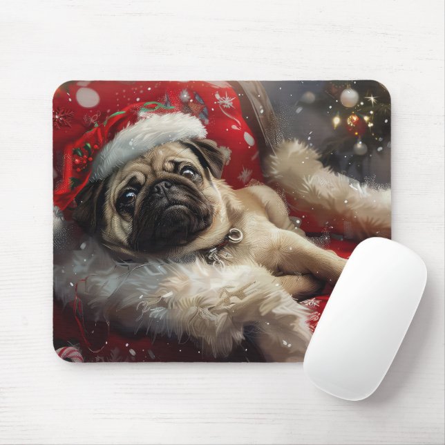Pug Dog Christmas Festive Mouse Mat (With Mouse)