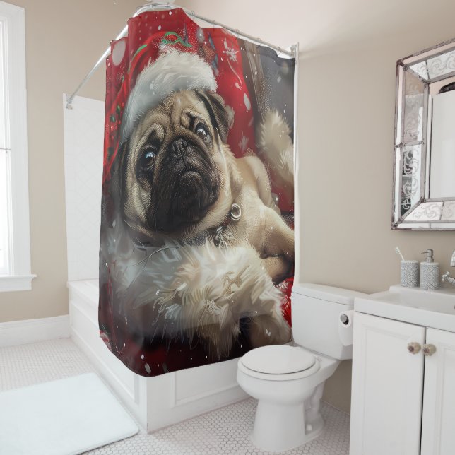 Pug Dog Christmas Festive Shower Curtain (In Situ)