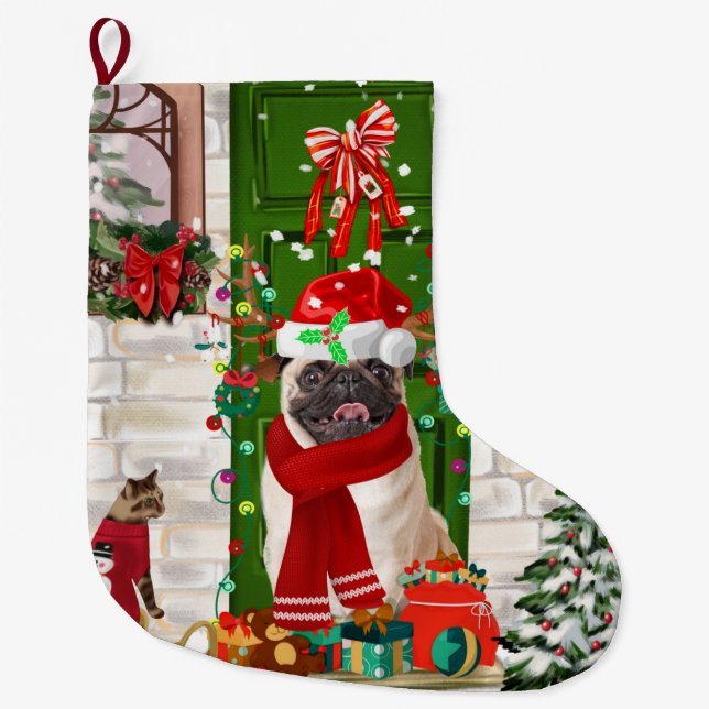 Pug Dog Christmas  Large Christmas Stocking (Front)