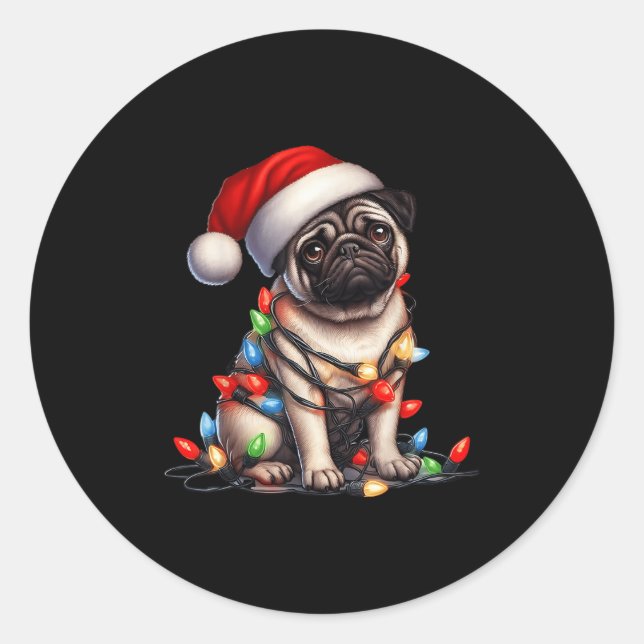 Pug Dog Christmas Lights Santa Hat Dog Lover  Classic Round Sticker (Front)