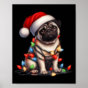 Pug Dog Christmas Lights Santa Hat Dog Lover  Poster