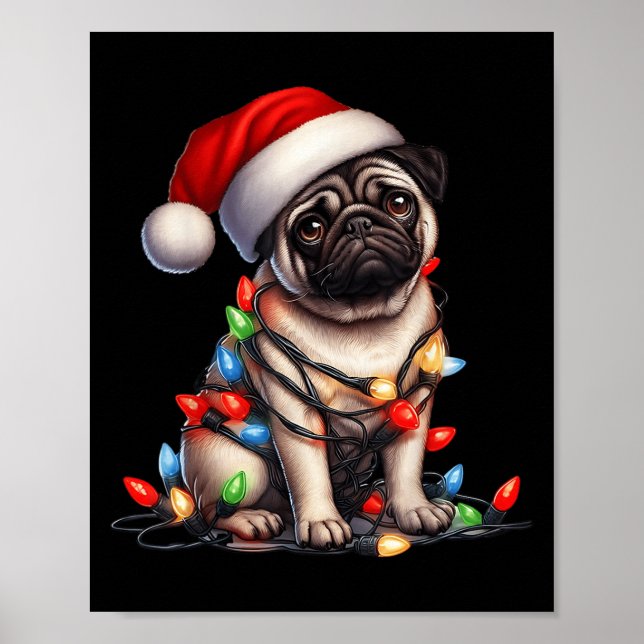 Pug Dog Christmas Lights Santa Hat Dog Lover  Poster (Front)
