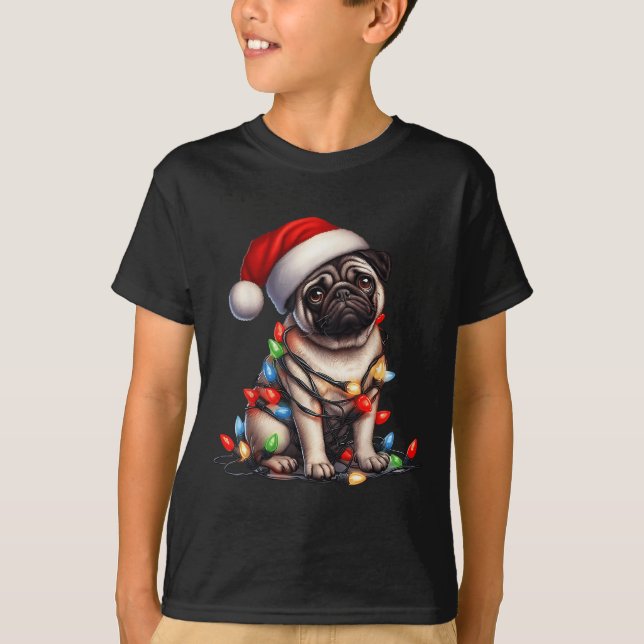 Pug Dog Christmas Lights Santa Hat Dog Lover  T-Shirt (Front)