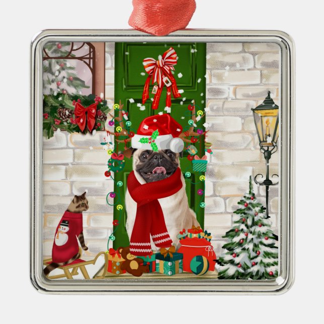 Pug Dog Christmas  Metal Tree Decoration (Front)