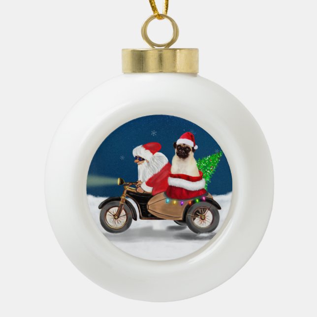 Pug Dog Christmas Santa Claus  Ceramic Ball Christmas Ornament (Front)