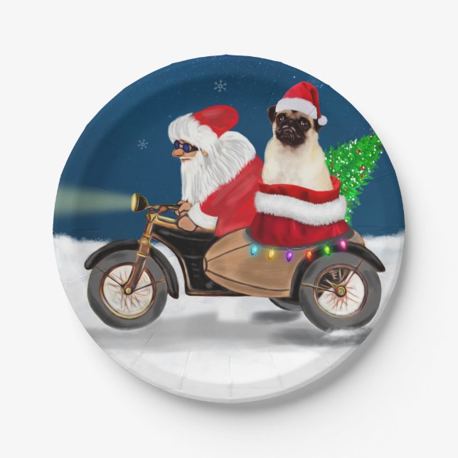 Pug Dog Christmas Santa Claus Paper Plate (Front)