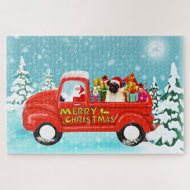 Pug Dog Christmas Santa Delivery Truck Jigsaw Puzzle (Horizontal)