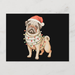 Pug Dog Christmas Santa Hat Xmas Lights Holiday Postcard