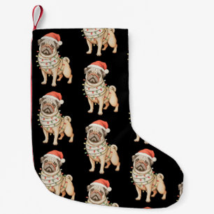 Pug Dog Christmas Santa Hat Xmas Lights Holiday Small Christmas Stocking