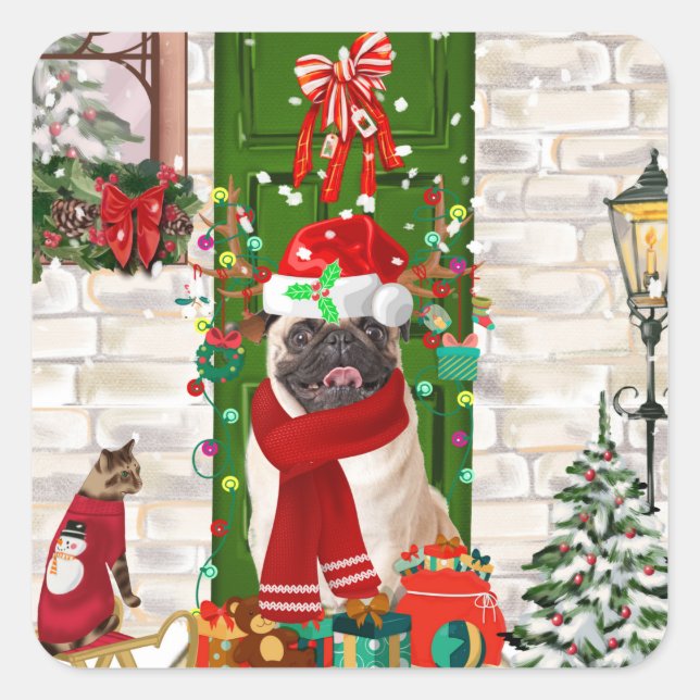 Pug Dog Christmas  Square Sticker (Front)