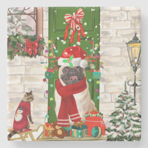 Pug Dog Christmas  Stone Coaster