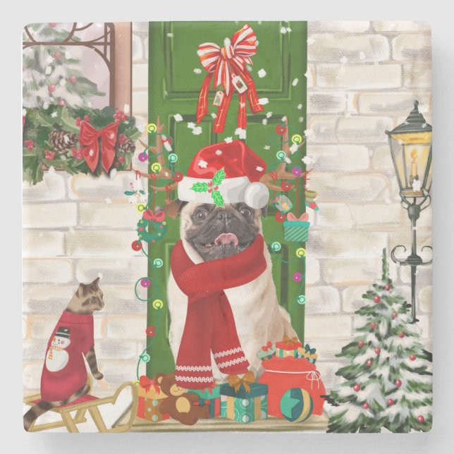 Pug Dog Christmas  Stone Coaster (Front)