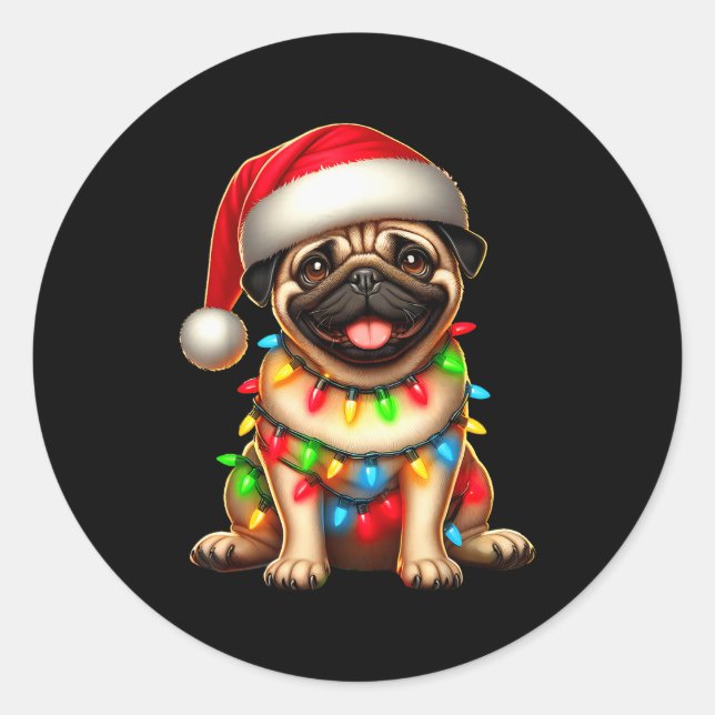Pug Dog Christmas Tree Lights Santa Xmas Pajama Do Classic Round Sticker (Front)