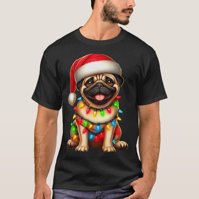 Pug Dog Christmas Tree Lights Santa Xmas Pajama Do T-Shirt (Front)