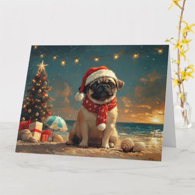 Pug Dog Christmas Vintage Beach Card (Yellow Flower)