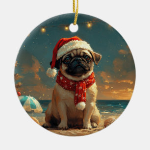 Pug Dog Christmas Vintage Beach Ceramic Tree Decoration