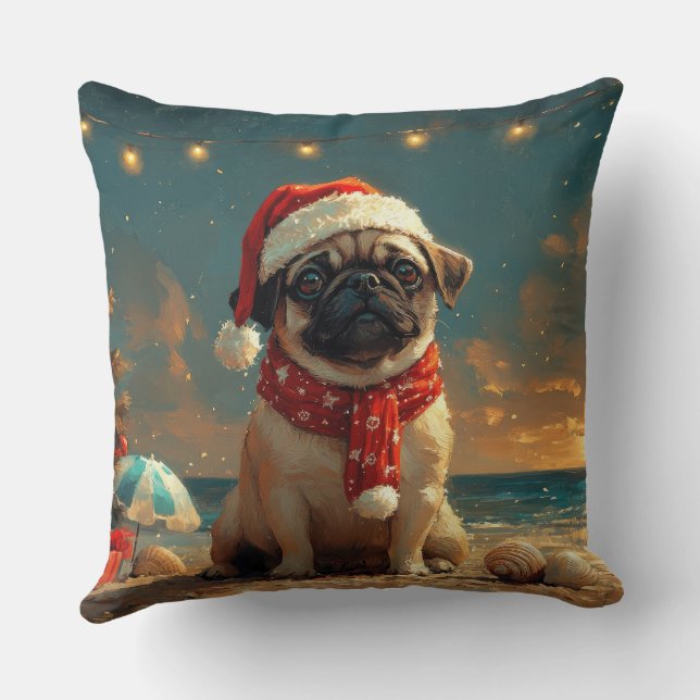 Pug Dog Christmas Vintage Beach Cushion (Back)