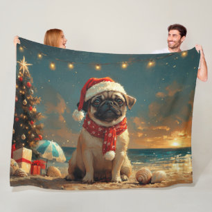 Pug Dog Christmas Vintage Beach Fleece Blanket