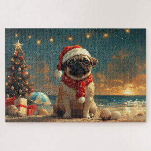 Pug Dog Christmas Vintage Beach Jigsaw Puzzle