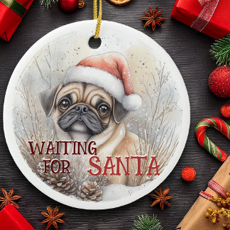 Pug Dog Christmas Waiting For Santa Dog Watercolor Ceramic Tree Decoration