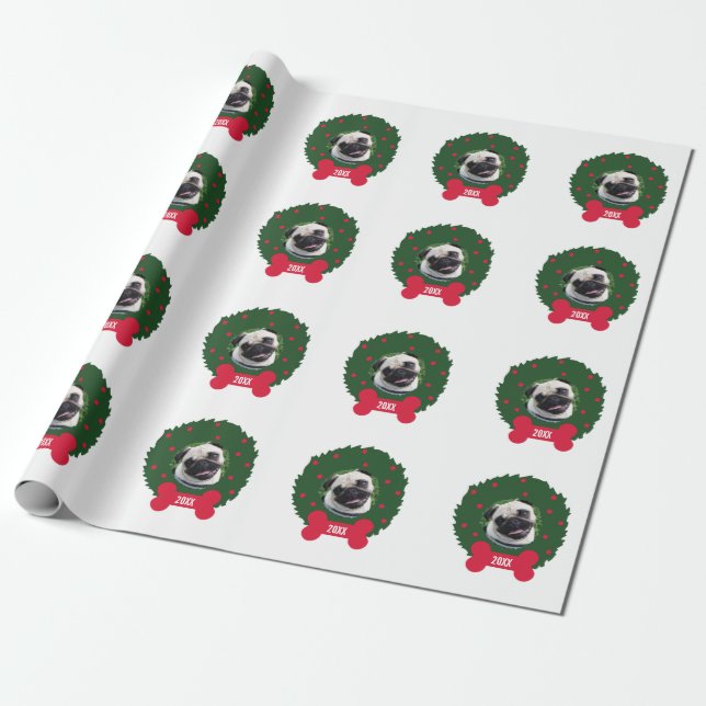 Pug Dog Christmas Wreath Puppy's Photo, Year, Name Wrapping Paper (Unrolled)